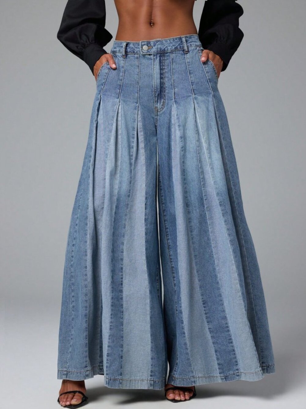 Medium Wash Casual Women's Two Tone Denim Wide Leg Flowy Baggy Jeans - Picture 7 of 7